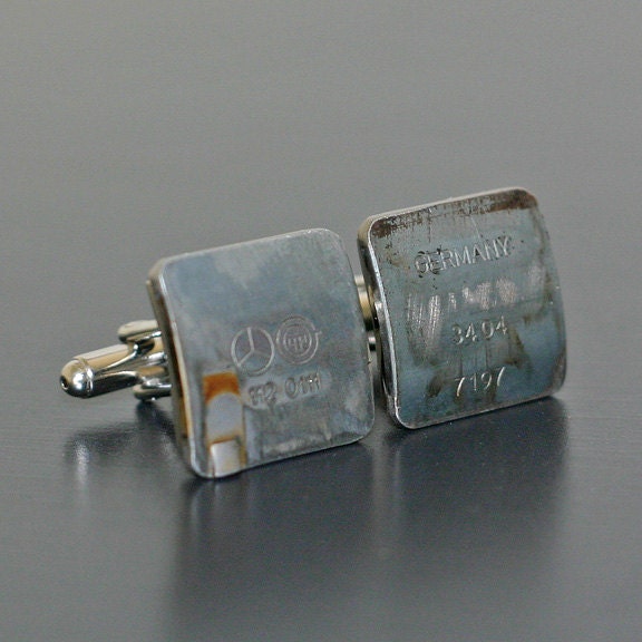 Car Engine Part CUFFLINKS - salvaged MERCEDES Benz part with original stampings of logo and part numbers.