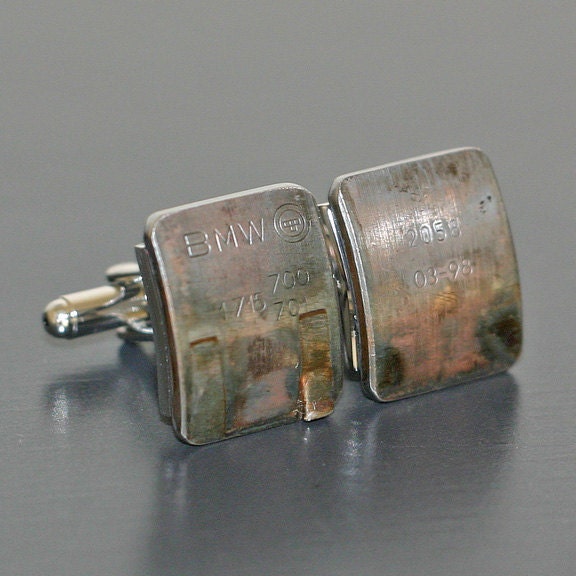 Car Engine Part CUFFLINKS - salvaged BMW part with original stampings of letters and part numbers.