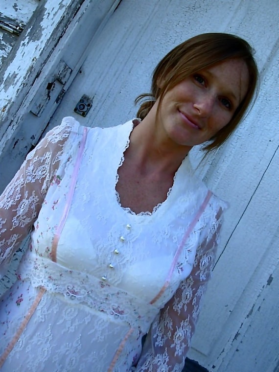 Romantic Vintage Wedding Dress - Satin, Lace & Country Cotton - Medium