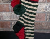 Old Fashioned Hand Knit Rustic Elf Stripe Christmas Stocking with Burgundy Red fancy border stripe detail