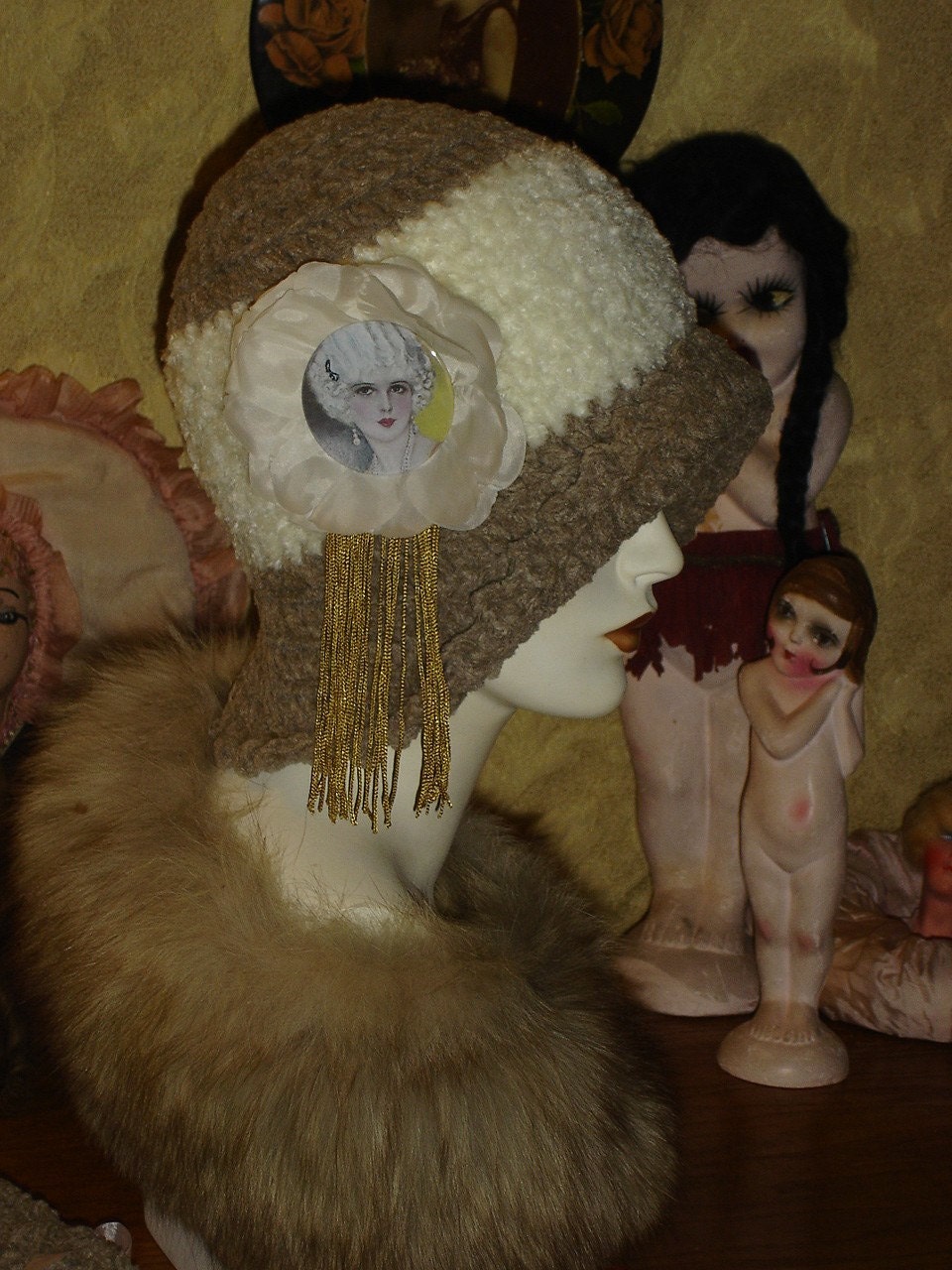 Plush Beige and Winter White Chenille Flapper Cloche Hat with Magnolia Flapper Fringe Photo Medallion Pin