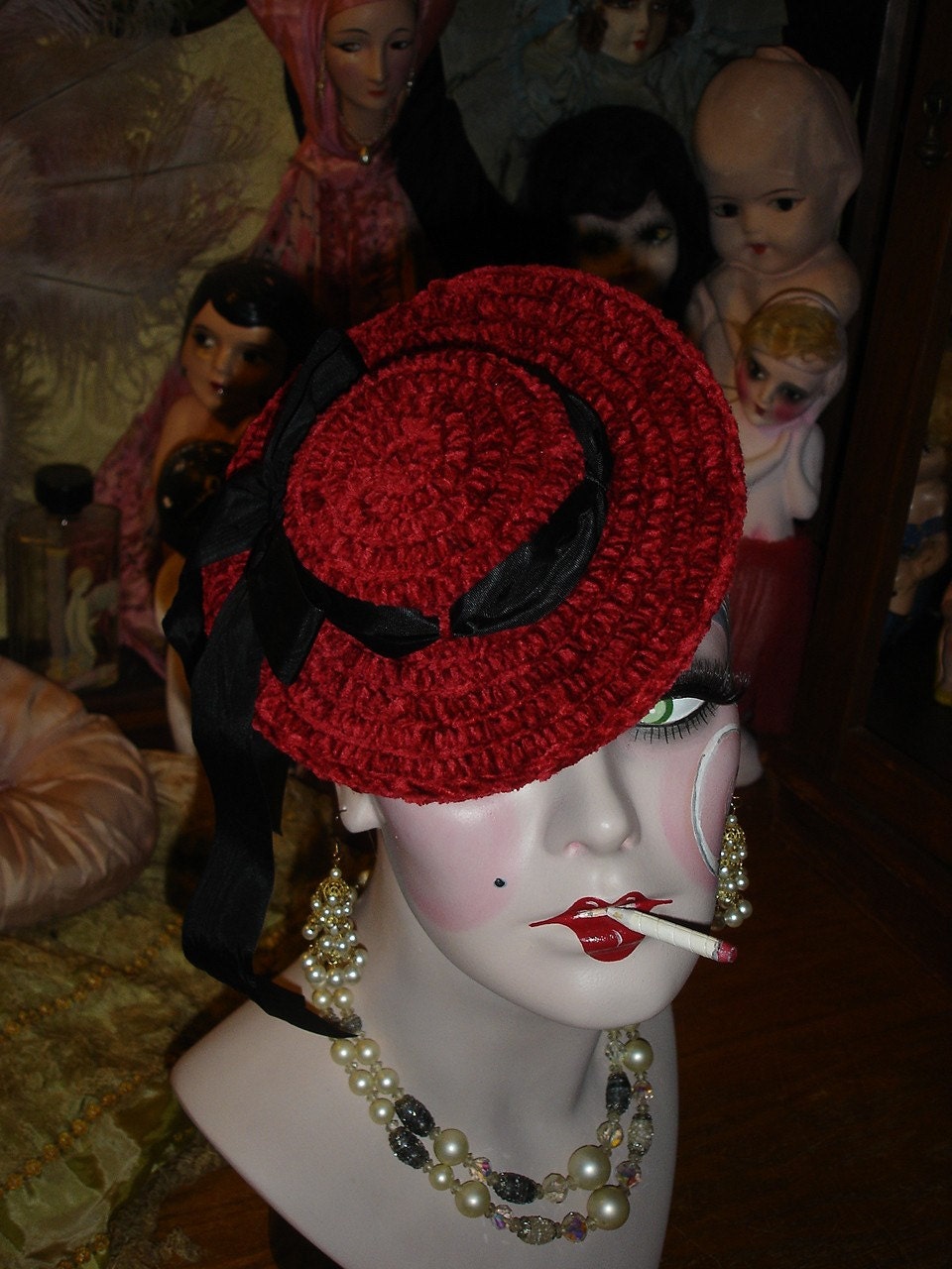 Womens Mini Hat Crocheted Classic Schoolgirl Saucer / Pancake Hat