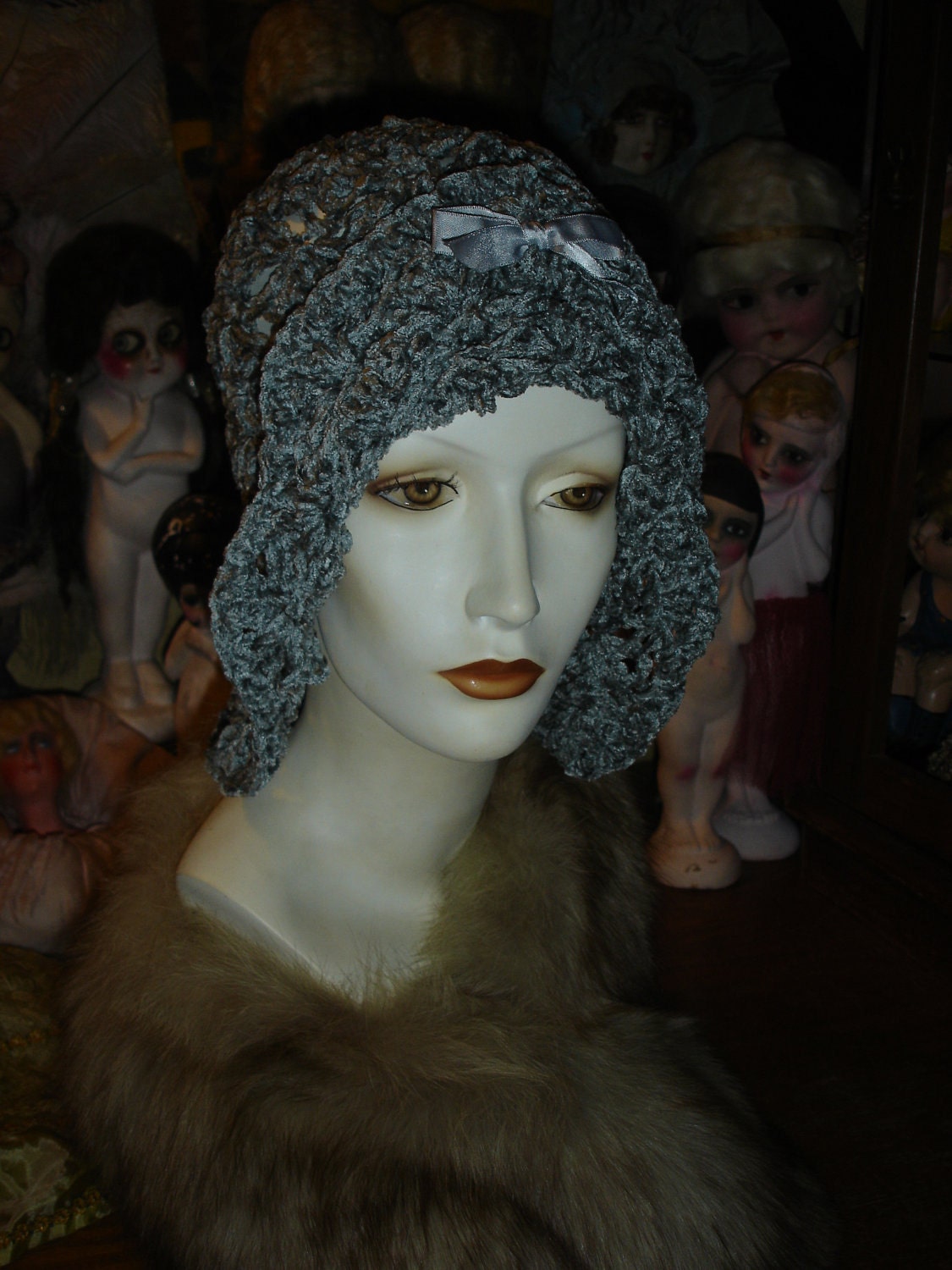 Floppy Lacy Womens Hat Slate Blue Flapper Cloche
