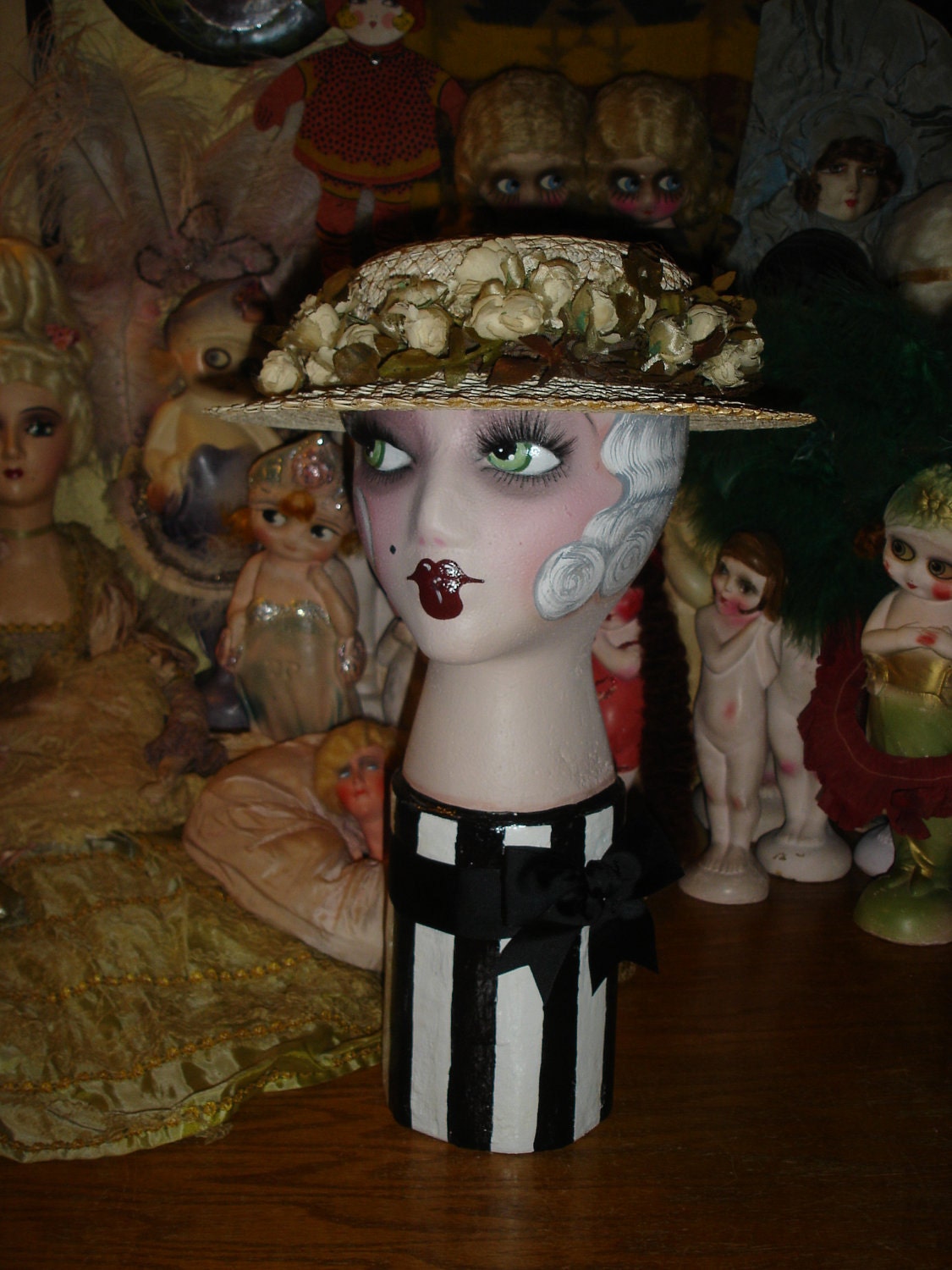 Flapper Mannequin Head Vintage Smoking Boudoir Doll Style White Haired  Hat Display