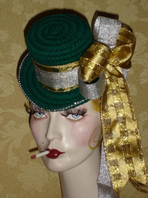 Holiday Green, Silver, Gold Flapper Mini Top Hat Fascinator SPECIAL PRICE