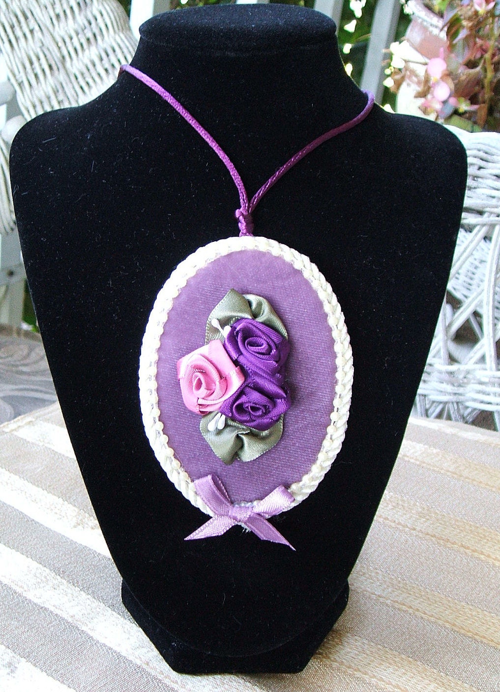 Handmade Victorian Ribbon Rose Pendant Oval