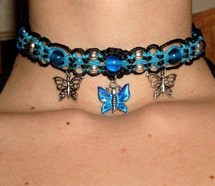 Royal Blue and Black Butterfly Hemp Choker Necklace with Glass Beads - Hemp Jewelry