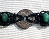 Ching Dynasty Coin Hemp Wrap with Jade and Copper - Black Hemp Macrame Bracelet Anklet or Choker - Ancient Chinese - Hemp Jewelry