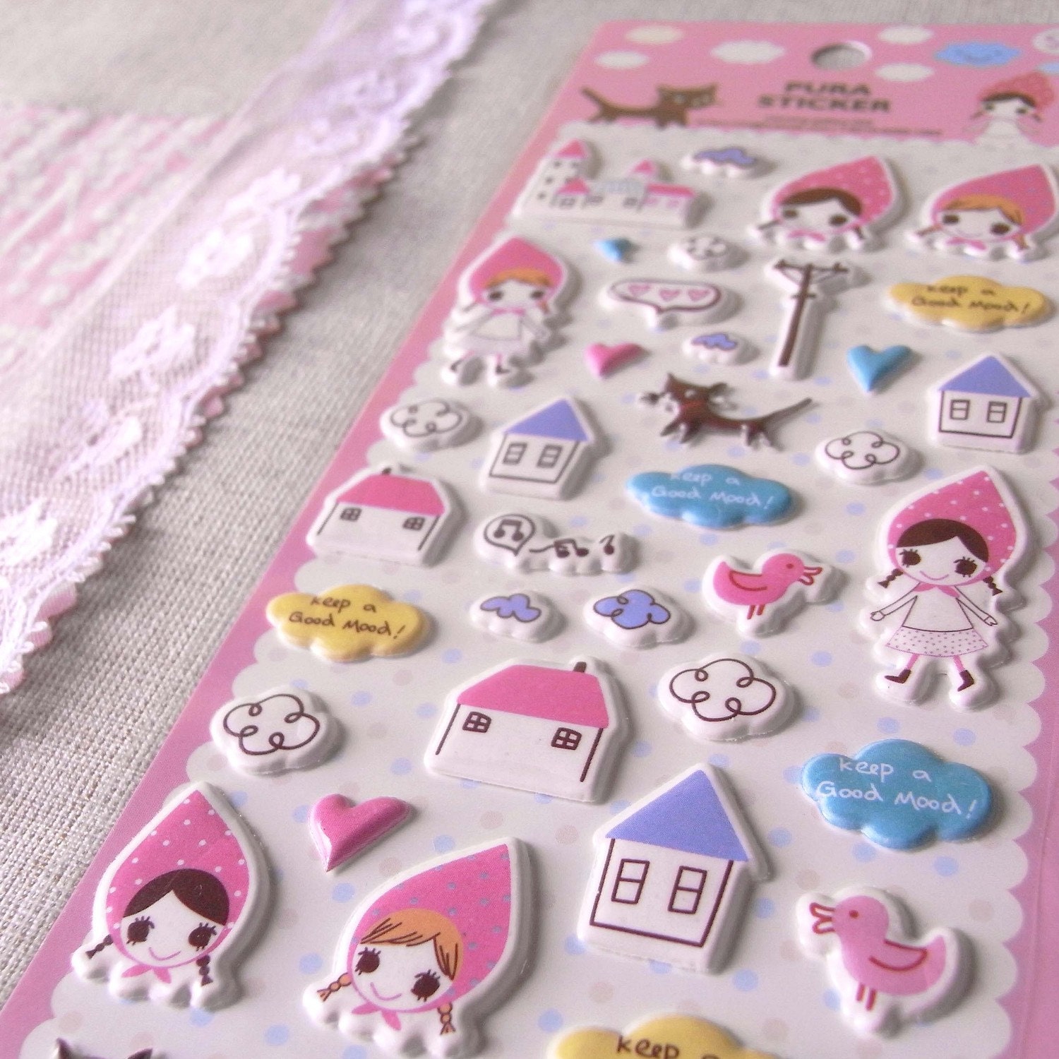 Sticker of cute pinki girl and her home town puffy stickers (Kawaii collection)