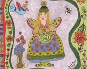 Fairy Print Folk Art Whimsical Compassion, Enchantment, Fantasy, Fairytale, Vibrant Colors, Flowers, Bird, Magic,Bumble Bee, Pixie
