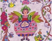 Fairy Print Folk Art Whimsical SWEETNESS, Fairytale, Fantasy, Magic, Enchanted, Vibrant, Colorful, Birds, Flowers, Snail, Butterfly