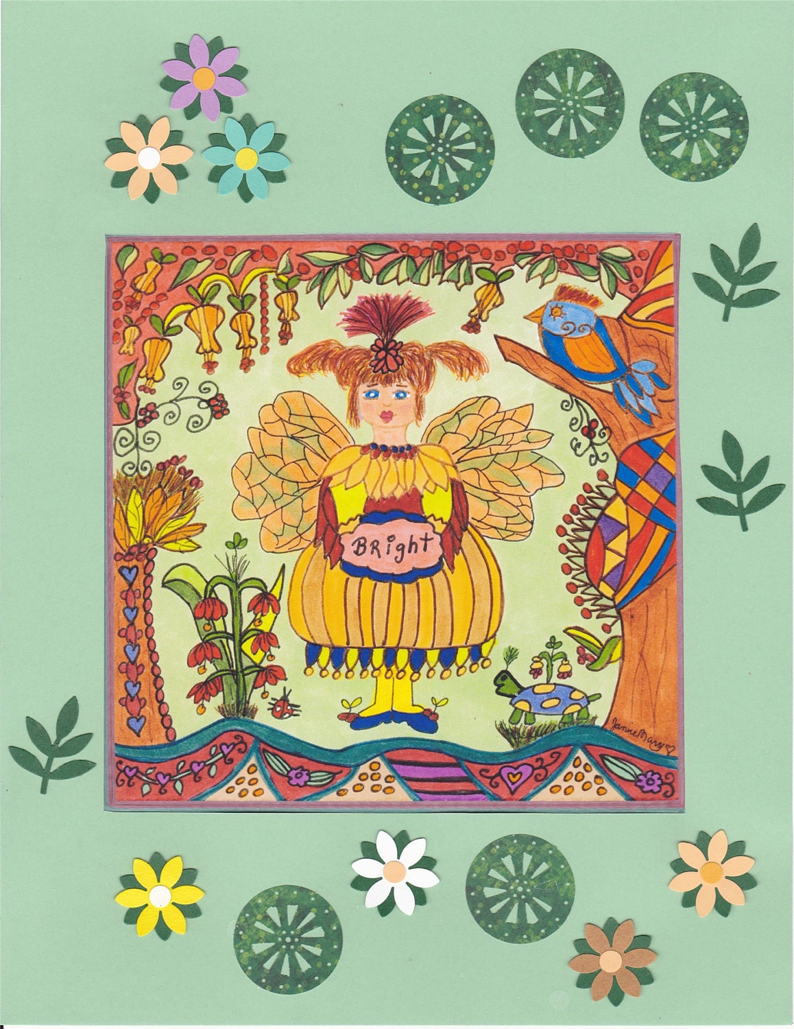 Fairy Folk Art Print Embellished Whimsical BRIGHT, Magic, Enchantment, Fairytale, Flowers, Fantasy, Turtle, Bird, Ladybug