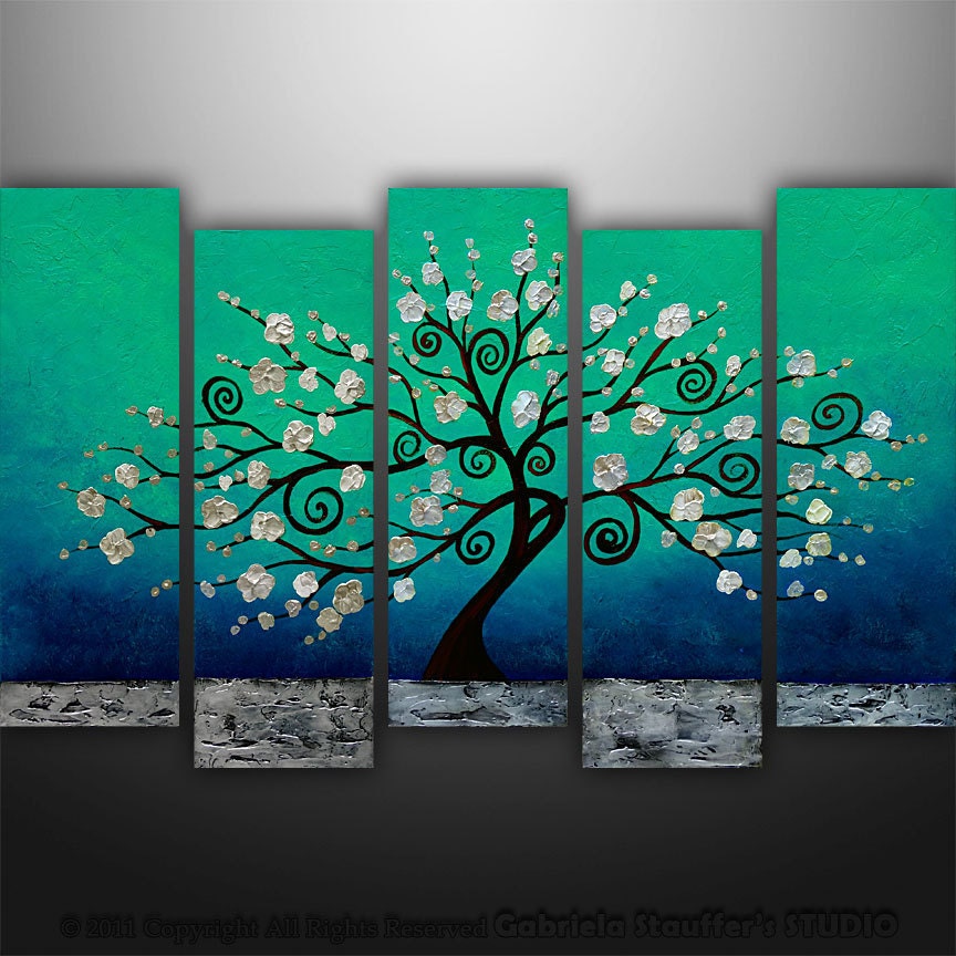 CUSTOM PAINTING Abstract Modern Landscape Tree Asian Art by Gabriela 50x30 Metallic Large