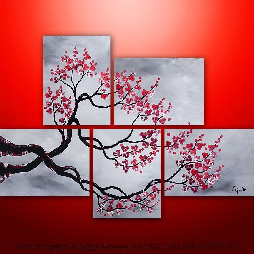 CUSTOM PAINTING Abstract Modern Landscape Tree Asian Zen Art by Gabriela 44x32 black white red