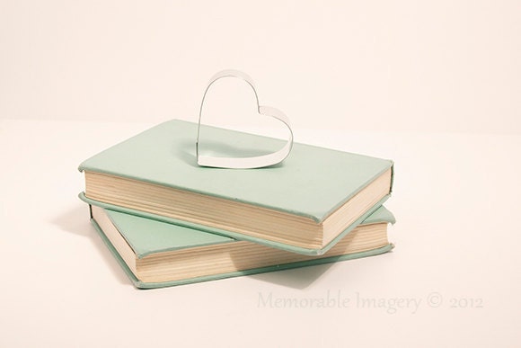 Pastel Mint Green Vintage Books Photography Print Silver Heart Love Wall Art Home Decor 8x12