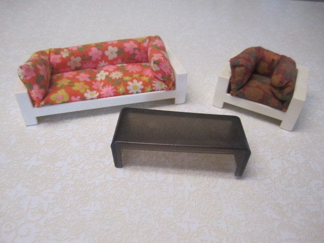 Vintage Miniature Doll House Furniture Fisher Price Living Room Set Couch Chair Coffee table  Fisher Price 1977