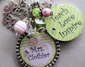 Teacher Gift Apple - Teach, Love, Inspire - PERSONALIZED NAME Silver Pendant Necklace- Special Teacher, Apple Charm, Teacher Appreciation