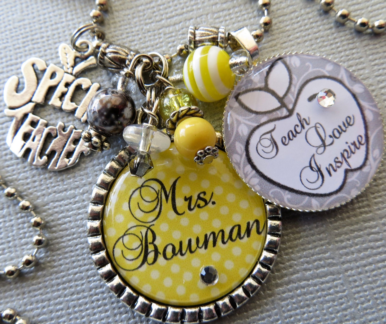Teach, Love, Inspire Teacher Gift PERSONALIZED Name Silver Pendant  -  Teacher appreciation, Special Teacher Charm, Owl Charm, Reading Rocks