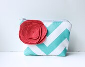 Zipper Pouch Cosmetic Bag - Teal Chevron Stripe with Red Poppy Brooch Pin - allisajacobs