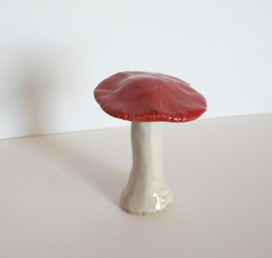 Little Red White Ceramic Clay Mushroom - Tall Toadstool 
