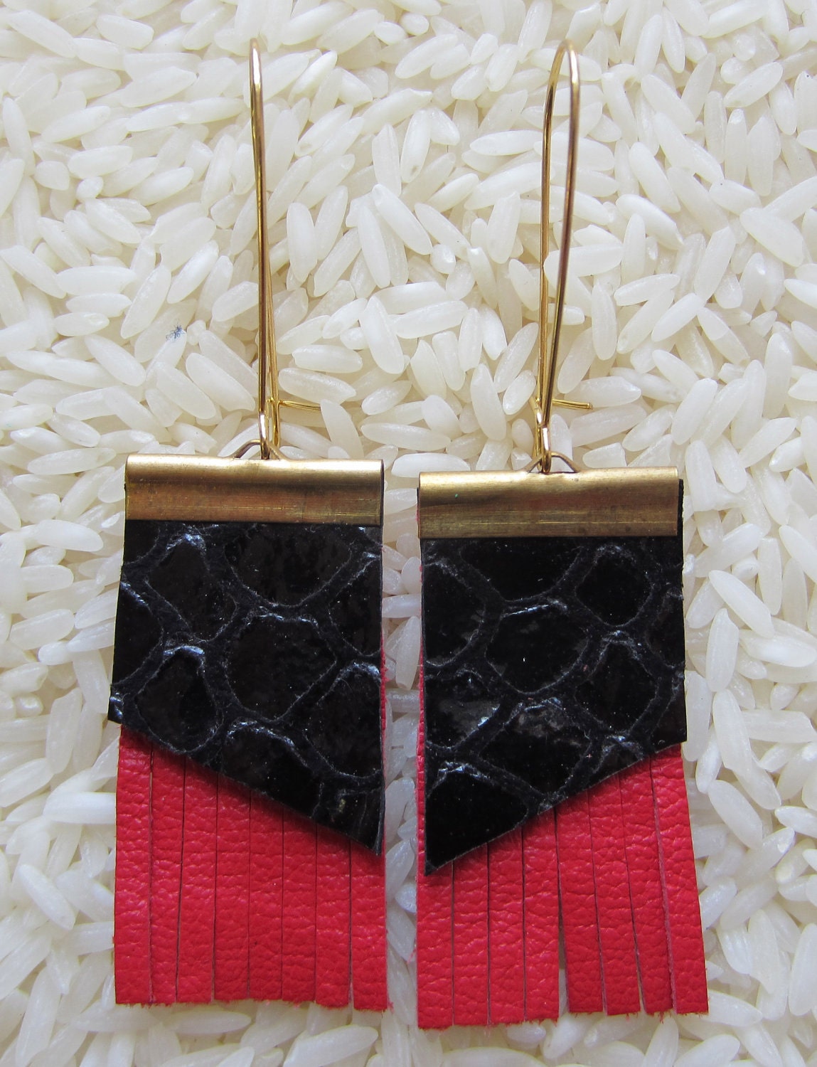 Geometric Leather Earrings Black and Red Fringe