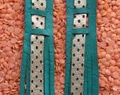 Leather Streamer Earrings Woven Green and Gold Fringe