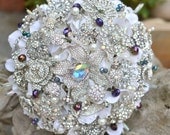 Peacock and purple brooch bridal bouquet -- made to order on a  bridal bouquet