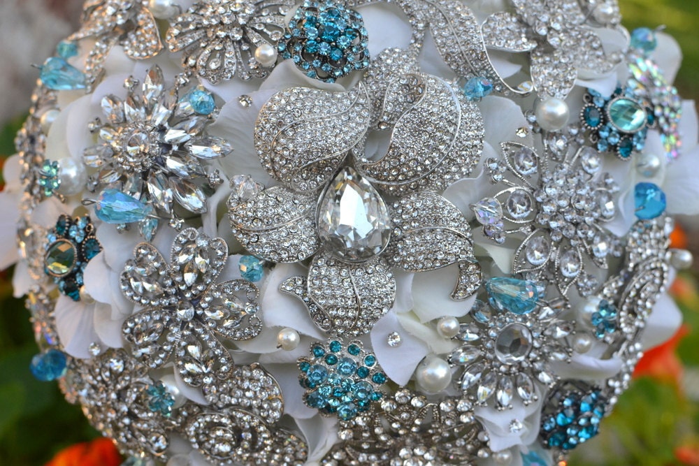 Tiffany and rhinestone brooch wedding bridal bouquet -- deposit on a made-to-order wedding bouquet
