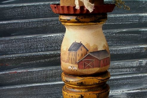 Lg Candle Holder Primiitve Folk Art  Saltbox Farm Home Decor PAFA OFG