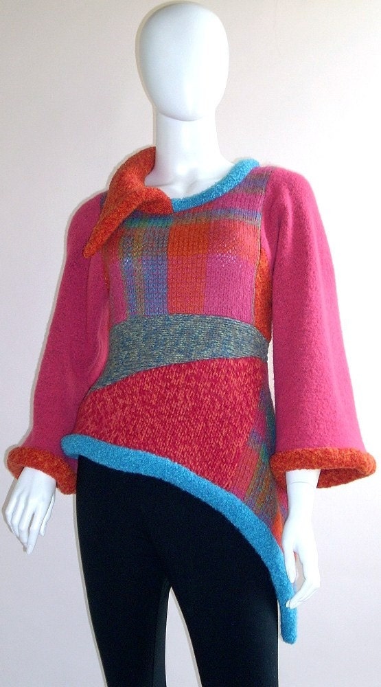 Asymmetrical Wool Sweater,  Kimono Sleeve  Top, Size Extra Small ( 4, 6 Petite )
