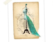 Mannequin, Peacock Tail, Art print, Collage, Peacock Feathers, Bustle, Dress form, Peacock, French, Paris, Aqua