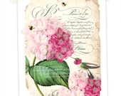 Hummingbird, Pink Hydrangeas, Art Print, Giclee, Bee, Typography, Nature Art Print , Flower Art, Woodland