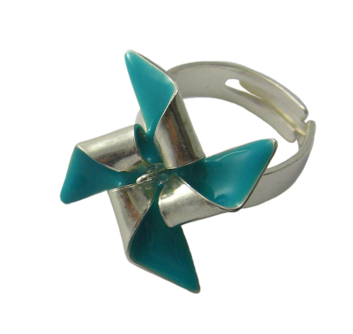 Windmill ring rotating pinwheel silver ring with teal blue enamel