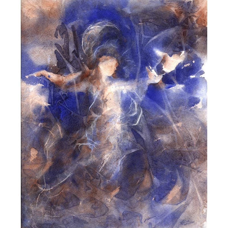 Angel Watercolor Print - mulberry paper collage - alisa wilcher