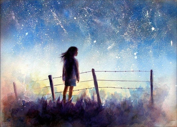 the Starry Night Art  - watercolor landscape print - Wish upon a Star - 7 x 5 - Alisa Wilcher