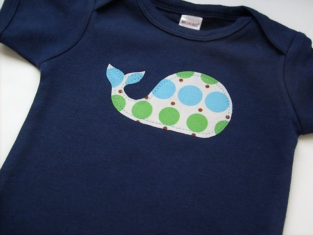 Baby Boy Clothes // Whale Bodysuit Size 3-6 Months // Navy Blue Polka Dot Whale