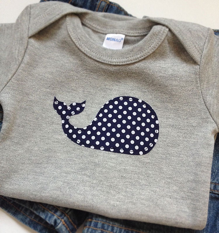Cute Baby Boy Clothes // Whale Bodysuit Size 3-6 months // Navy Blue Polka Dot Whale applique on a Heather Gray Bodysuit
