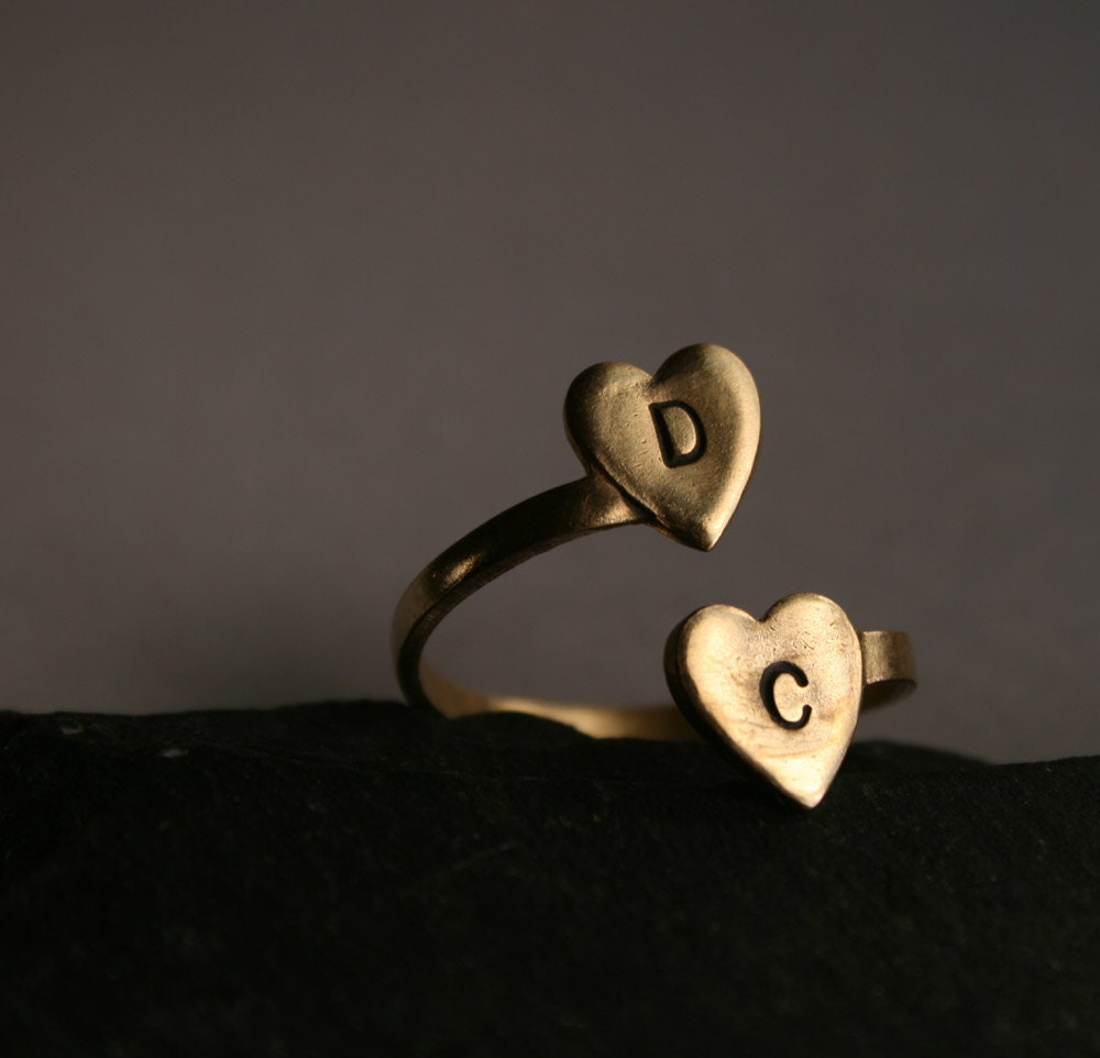 Personalized Brass Initial Ring - Two Heart Initial Ring, Custom, Personalized initials