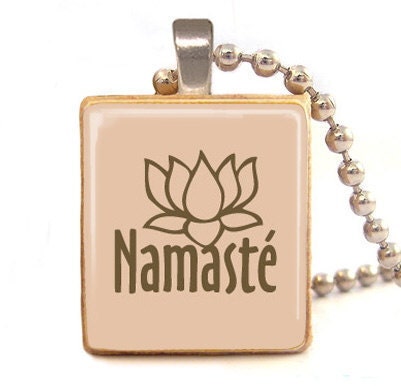 Namaste scrabble tile pendant(beige) , namaste india yoga teacher gift with ball chain necklace included