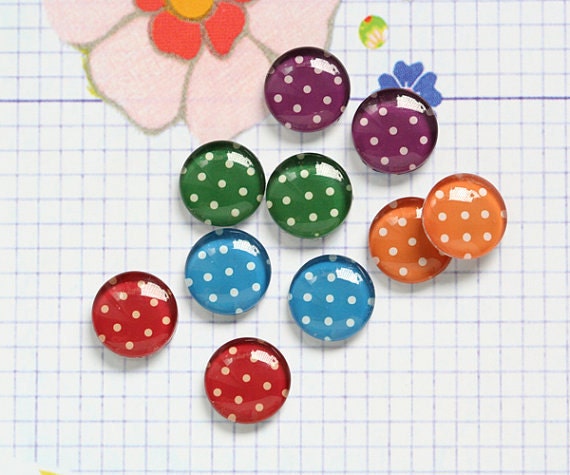 10pcs handmade assorted colors vintage style dots round clear glass dome cabochons 12mm (12-9968)