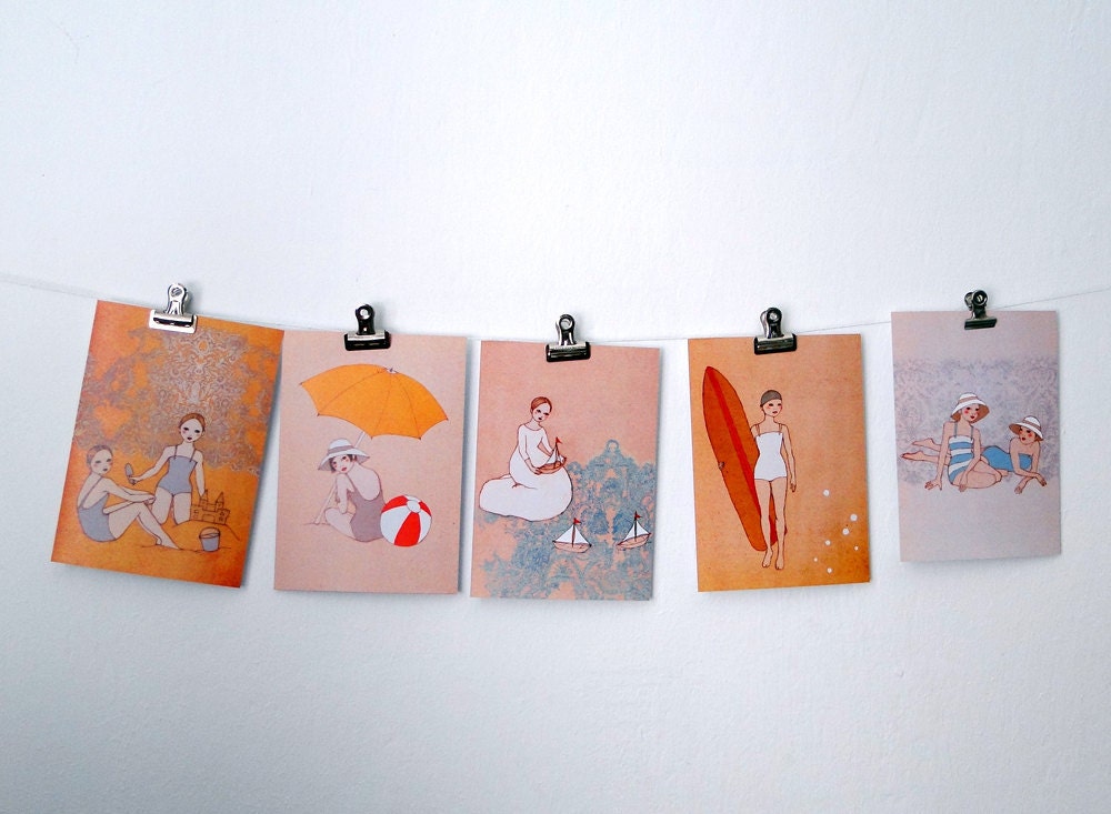 Summer Art , Beach Girls, set of 5 postcards