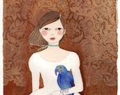 Anodorhynchus hyacinthinus, girl with blue parrot, print of original watercolor