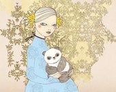 Girl with Panda print of original drawing illustration