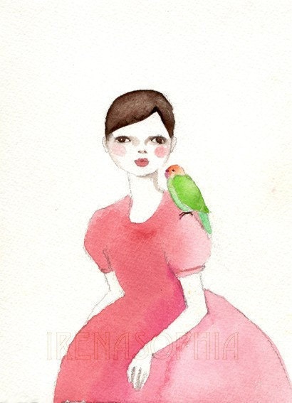 Girl and Bird SMALL print of original watercolor