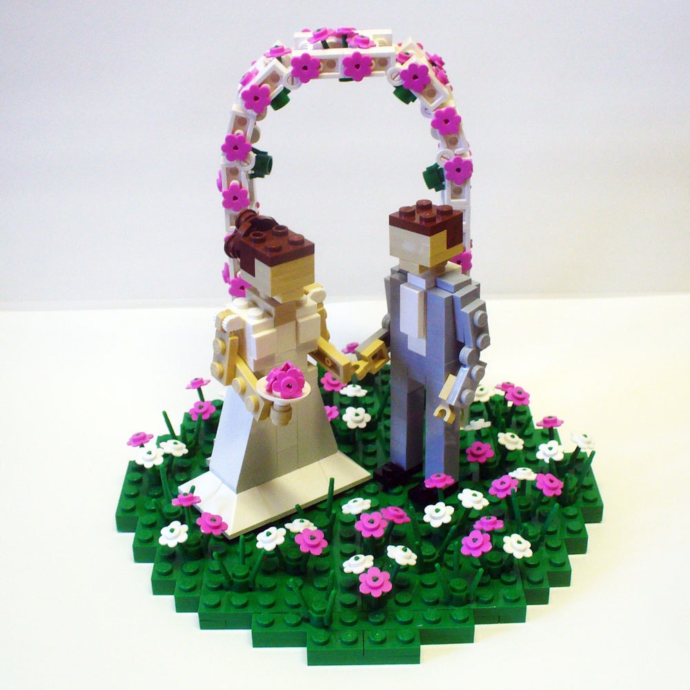 Custom Wedding Cake Topper Bride and Groom in Flower Patch with Arch