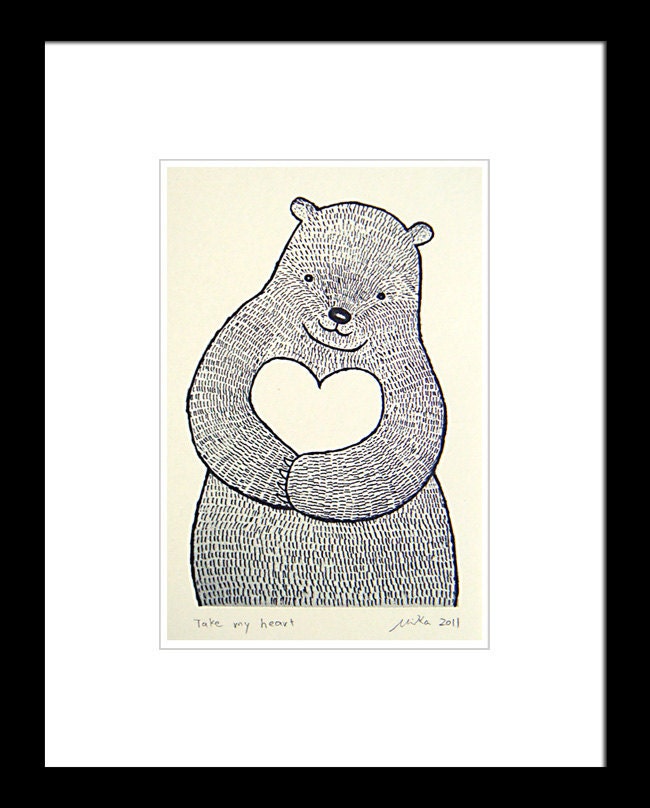 Bear Heart Print of Original Ink Drawing Woodland Illustration Love Ivory MiKa 4x6 Wall Decor
