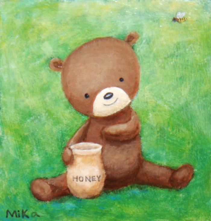 Bear Honey Bee Original Painting Illustration Cute Woodland Nursery Art Home Wall Decor Green