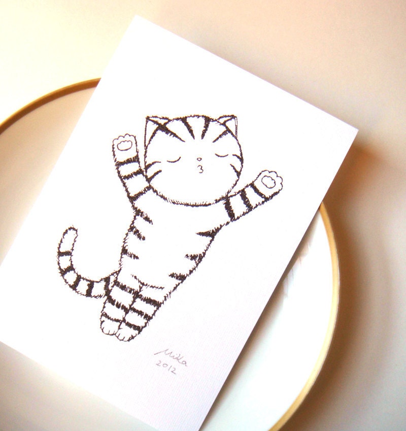 Funny Valentine Print of Original Illustration Funny Cat Black & White Ink Drawing Wall Decor 5x7 - mikaart