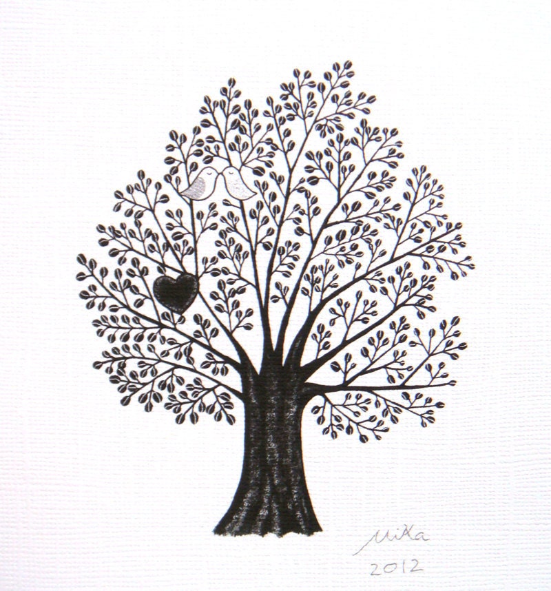Print Original Illustration Woodland Love Birds Heart Romantic Black White 5x7