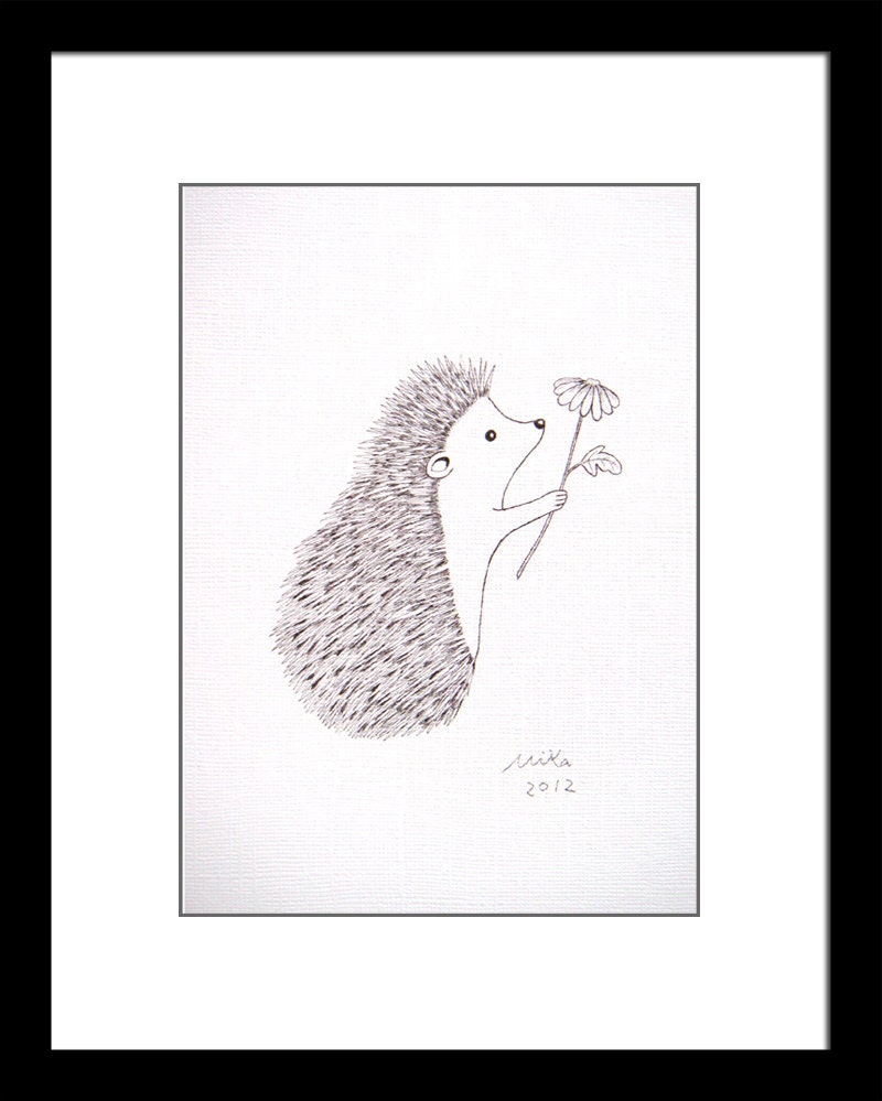 Print of Original Ink Drawing Love Illustration Hedgehog Flower Woodland Decor Black & White 5x7